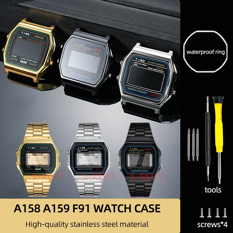 A158 A159W F91W Upgrade mod kit metal case For Casio 593 Movement modified stainless steel Case Bezel strap waterproof ring+Tool