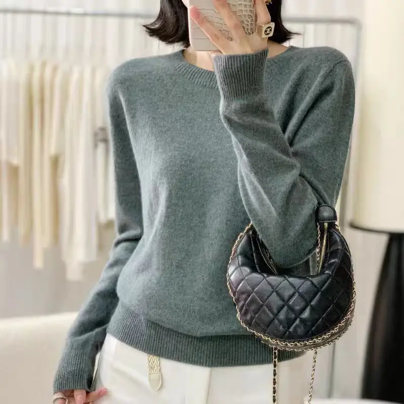 Кашемировый свитер из 100% мериносовой шерсти, женский вязаный базовый пуловер с круглым вырезом и длинными рукавами, однотонная зимняя одежда, теплый джемпер, топ