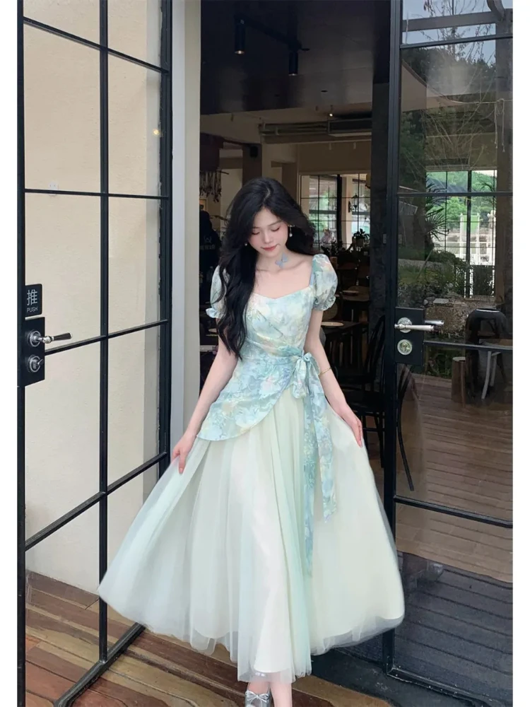 الصيف الحلو فستان أنيق المرأة شيك نفخة الأكمام الأزهار طباعة شبكة المرقعة فساتين الجنية الكورية الإناث عطلة فستان الحفلات