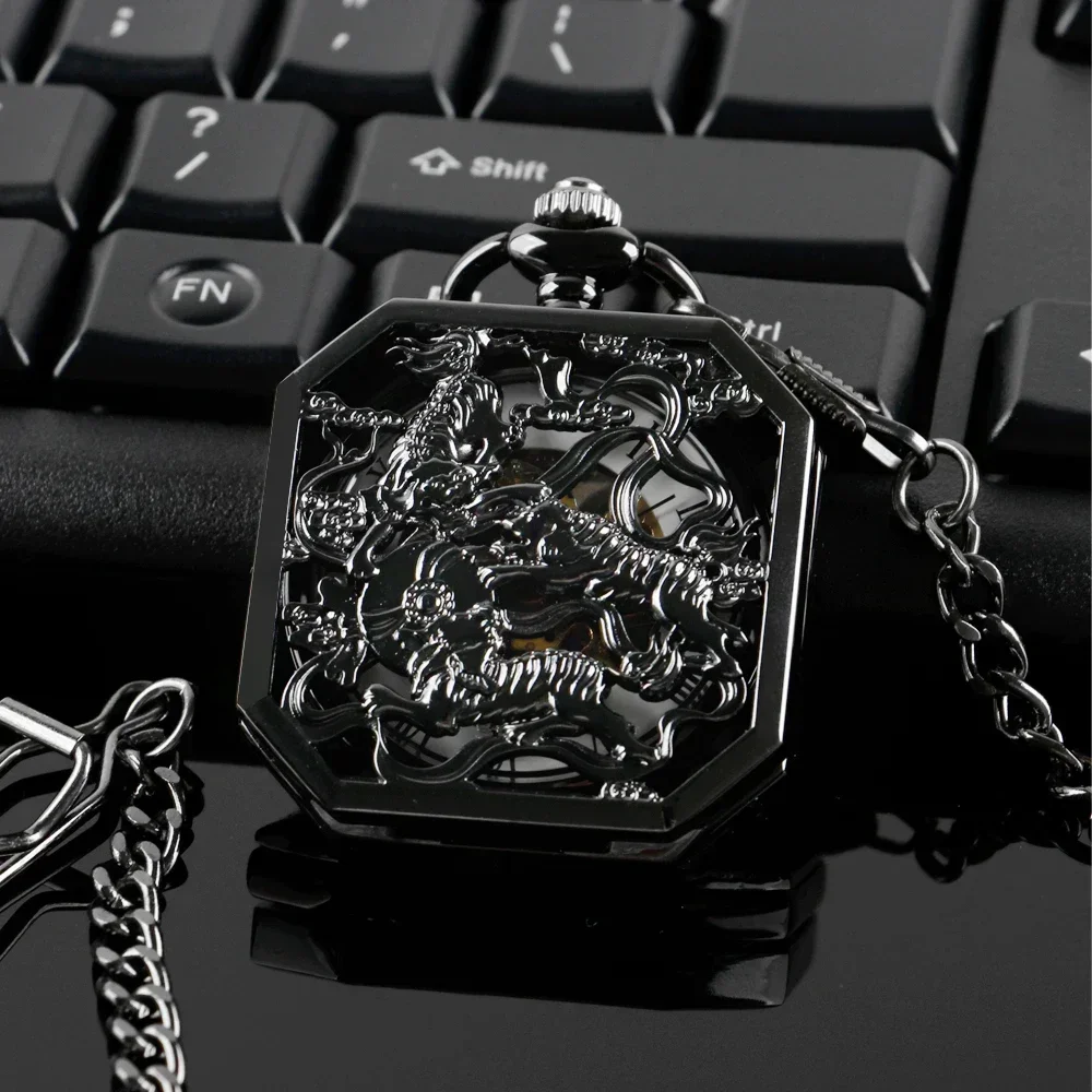 Vintage Black Square Open Face Mechanical Hand Winding Pocket Watch Gentleman Pocket Timepiece Pendant Chain Men Jewelry Gift