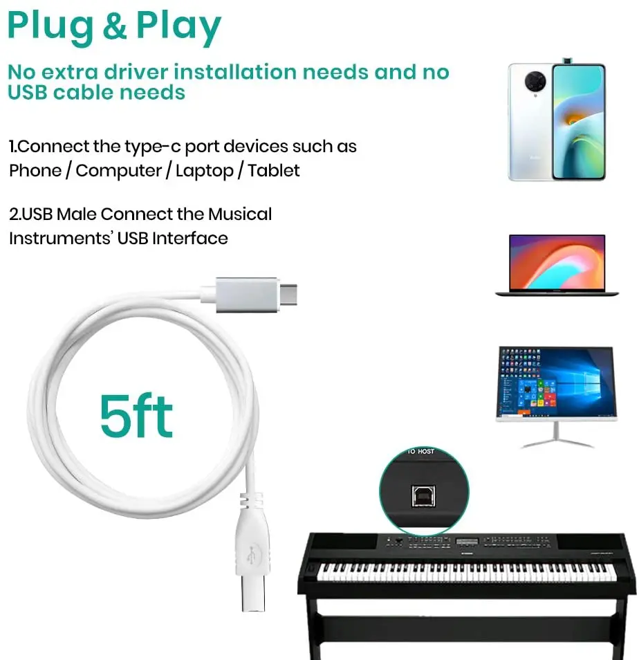 5FT Type C to USB 2.0  Cable to Midi Controller  Keyboard Audio Interface Electronic Music Instrument Printer Cable