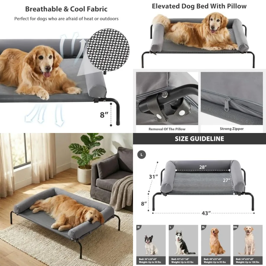 

Large Elevated Cooling Dog Bed 43 x 31 x 8 Inch, Raised Dog Cot Beds for Large Dogs, Elevated Outdoor Pet Bed, Chew Proof Porta
