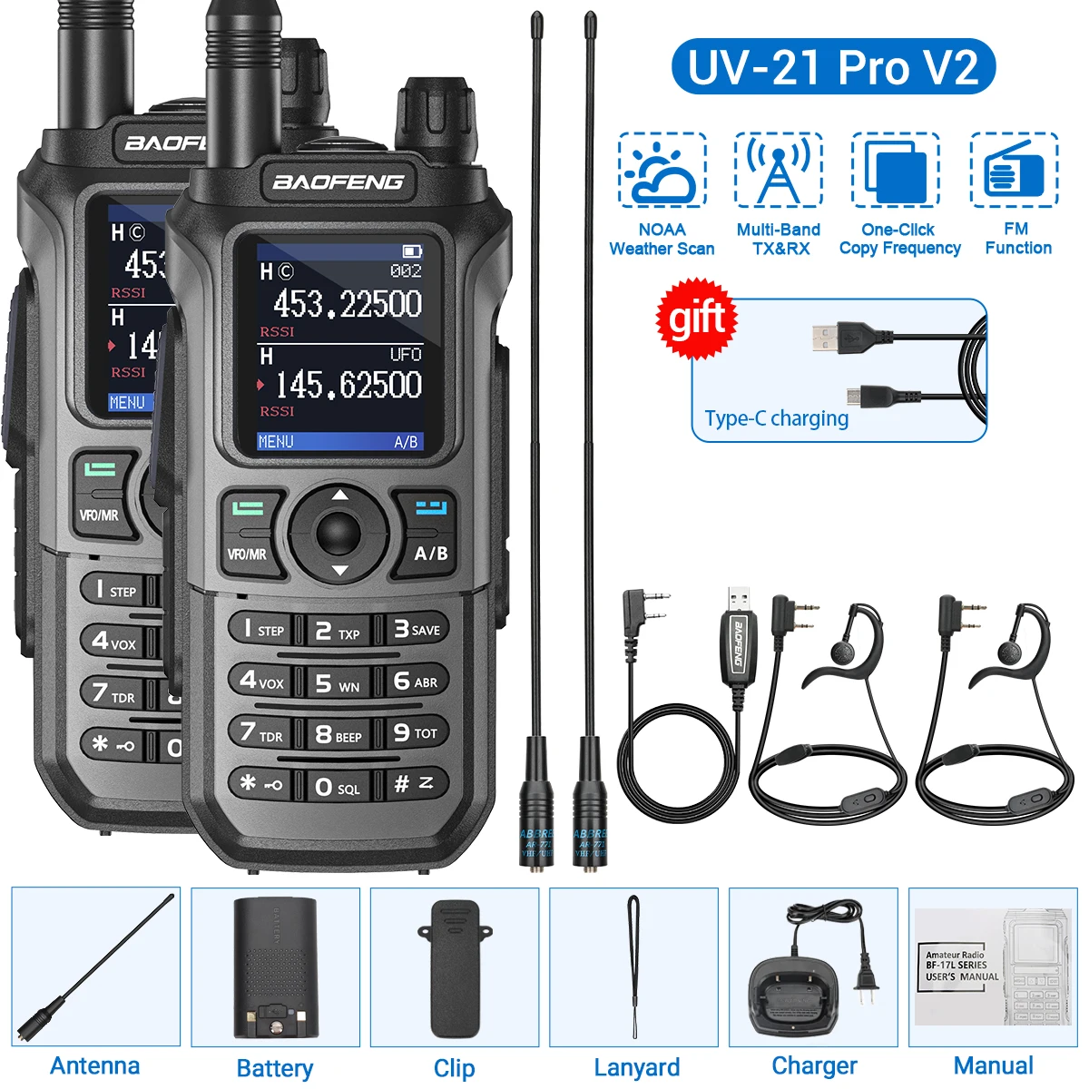 2PCS Baofeng UV-21 Pro Walkie Talkie Multi Band Draadloze Kopieerfrequentie Lange afstand 999CH AM High Power UV 5R K6 5RH Ham Radio