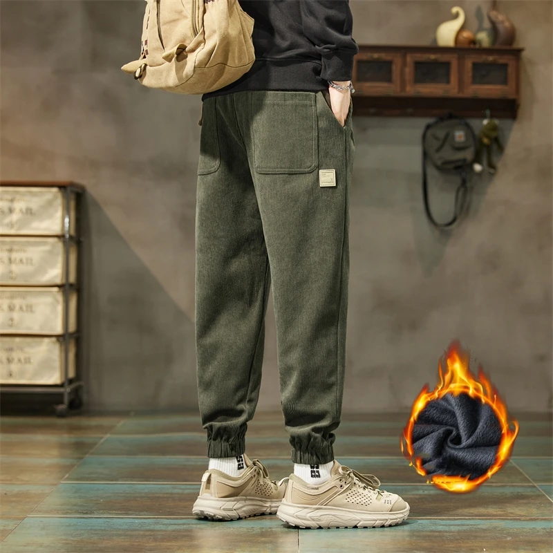 CUMUKKIYP 2023 Autumn and Winter Corduroy Casual Pants for Men Loose and Elastic Cuffs