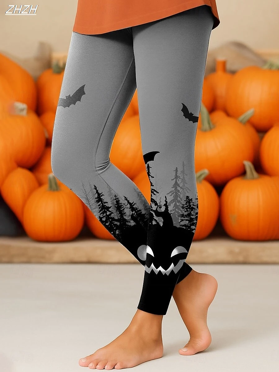 여성용 레깅스 2025 할로윈 테마 그래픽 야외용 바지 폴리에스터 스판덱스 신축성 있는 허리밴드, 컨트롤 폴 스트리트웨어