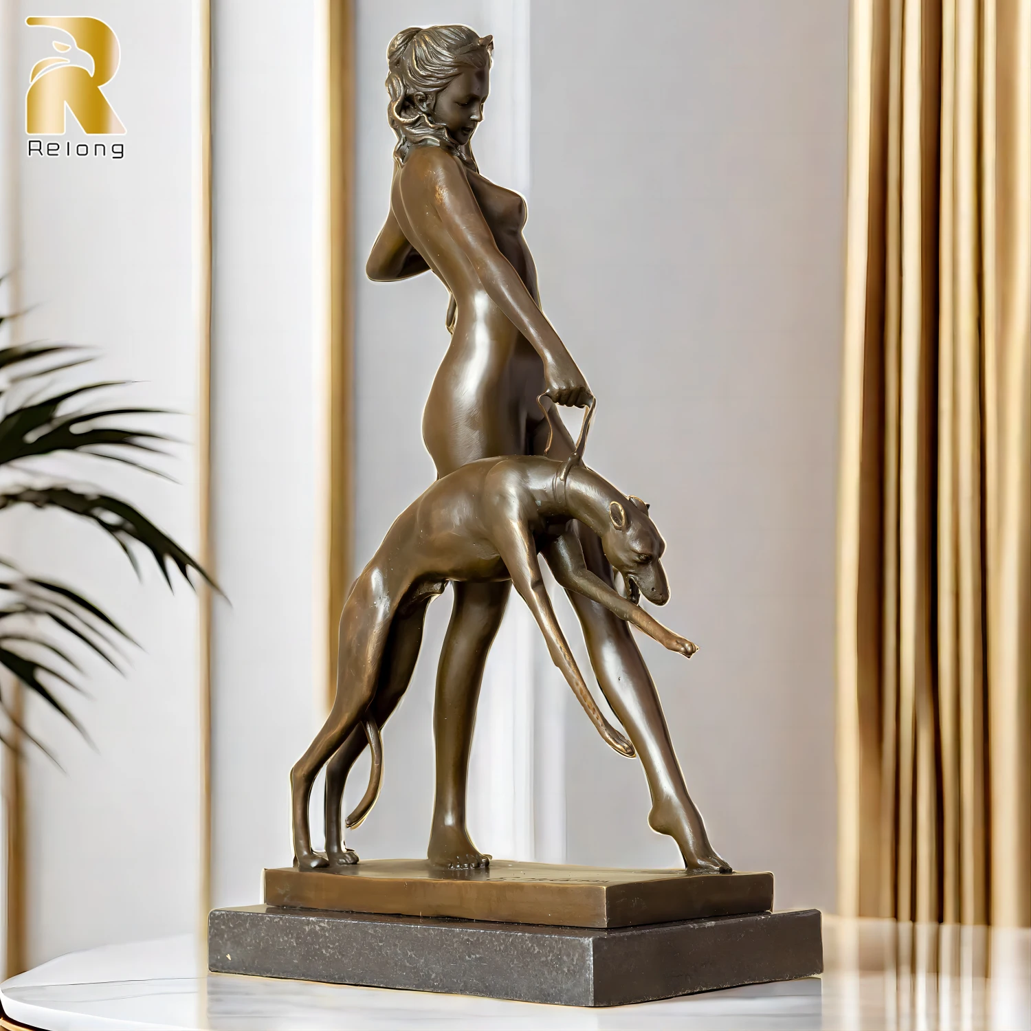 

Artemis Diana Bronze Statue The Huntress Goddess Diana With Dog Sculpture on Marble Base Mythological Art Crafts For Home Decor