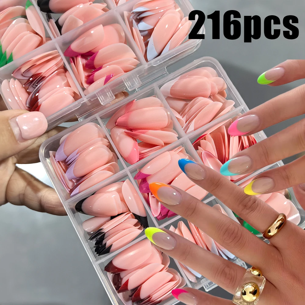 unhas-posticas-francesas-coloridas-em-9-cores-com-design-arco-Iris-brilhantes-formato-amendoa-medio-unhas-de-acrilico-da-moda-para-o-verao