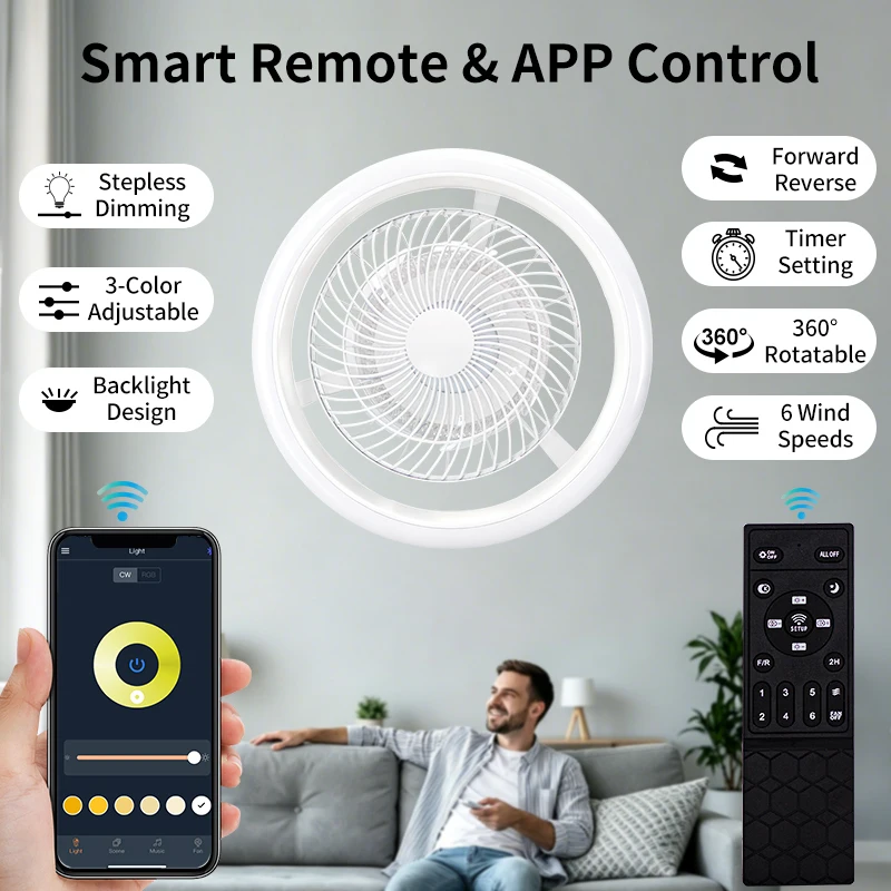 Smart LED Fan Light 360° Rotating 6 Speeds Modern Ceiling Fan With Lights Remote Control APP 3 Color Dimmable Chandelier Indoor