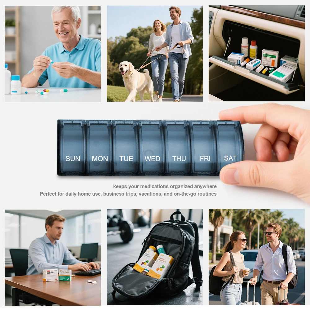 1 Stück wöchentliche Pillenhülle, Medikamentenplaner, Vitamin-Organizer-Box, praktisch und einfach zu bedienen, X-große Fächer, Reisen – Detail 10