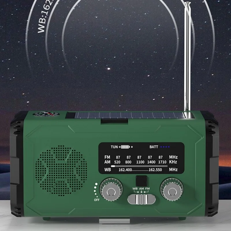 

Радиоприемник для выживания на природе с солнечной батареей, ручным приводом, LED-фонариком, сигнализацией SOS, компасом и зарядкой для телефона для кемпинга и походов