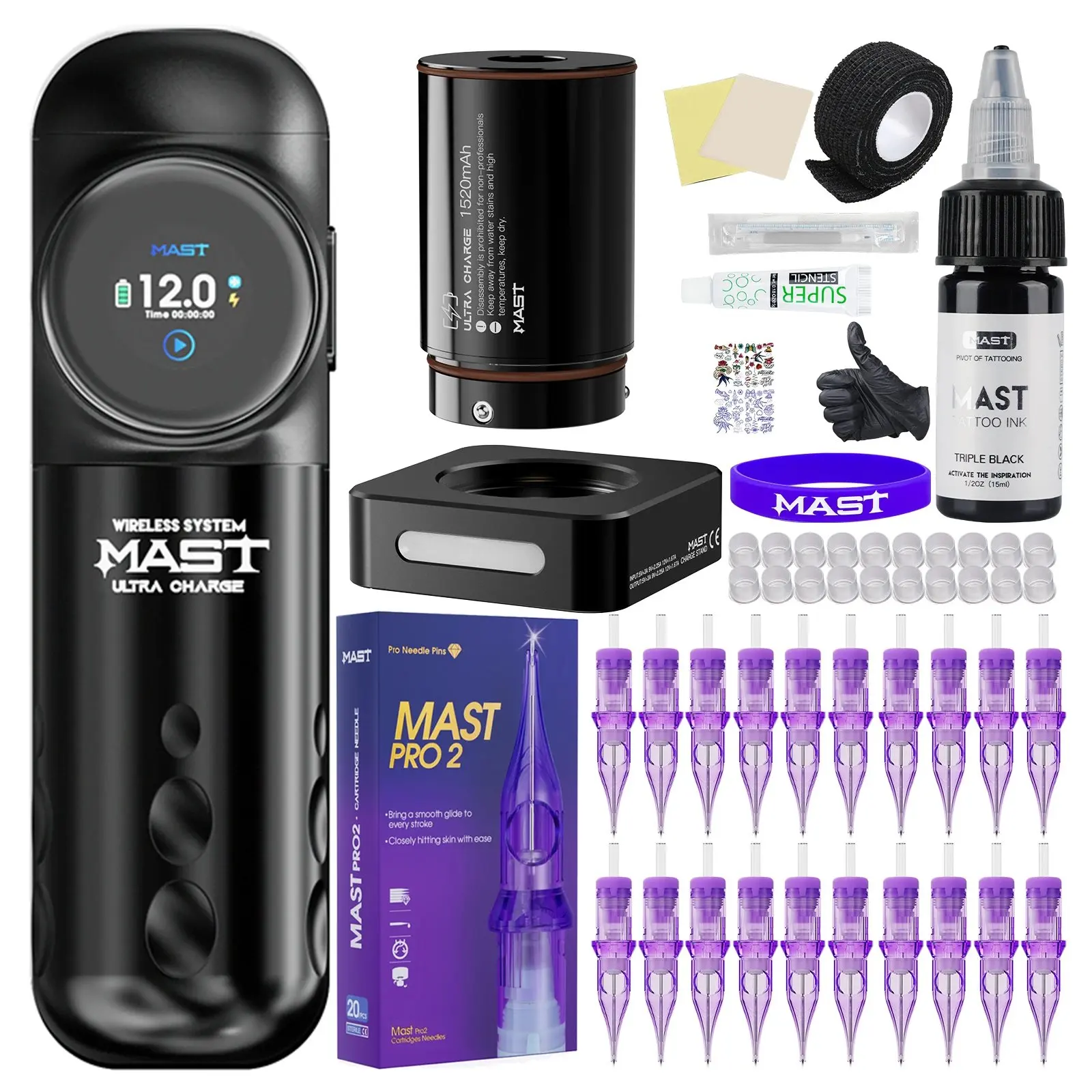 Mast Archer S Agrafeuse à tatouer sans fil complète avec kit 4,2 mm course moteur Mcore sans balais pour voyage ou studio fourniture professionnelle pour artiste de body art