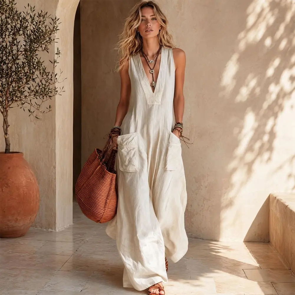 Summer Sleeveless Bohemian Linen Jumpsuit Women V Neck Loose Wide Leg Pants Double Pocket Jumpsuit Casual Commuting Vacation