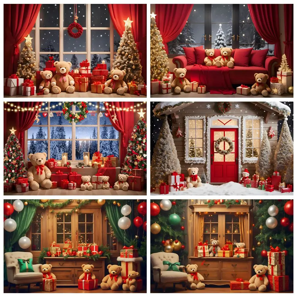 

Christmas Toy Bear Backdrop Gifts Xmas Tree Window Interior Scene Baby Shower Kids Portrait Family Party Photography Background