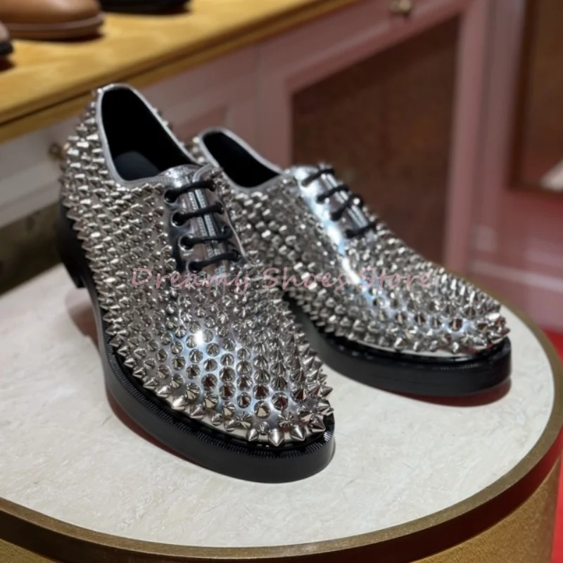

Silver Rivet Leather Lace Up Oxford Shoes Men Cross-Tied Height Increasing Casual Shoes Business Wedding Formal Men's Loafers