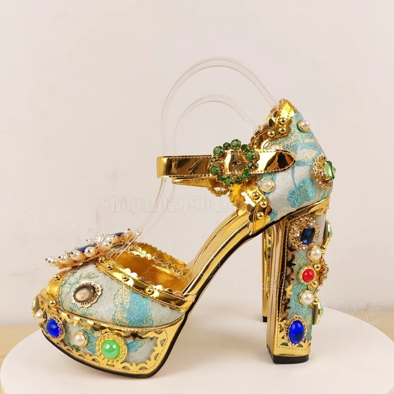 Embroidery Design Crystal Beads Platform Sandals Buckle Strap Women Shoes Chunky High Heels Party Feast 2025 Zapatos Para Mujere