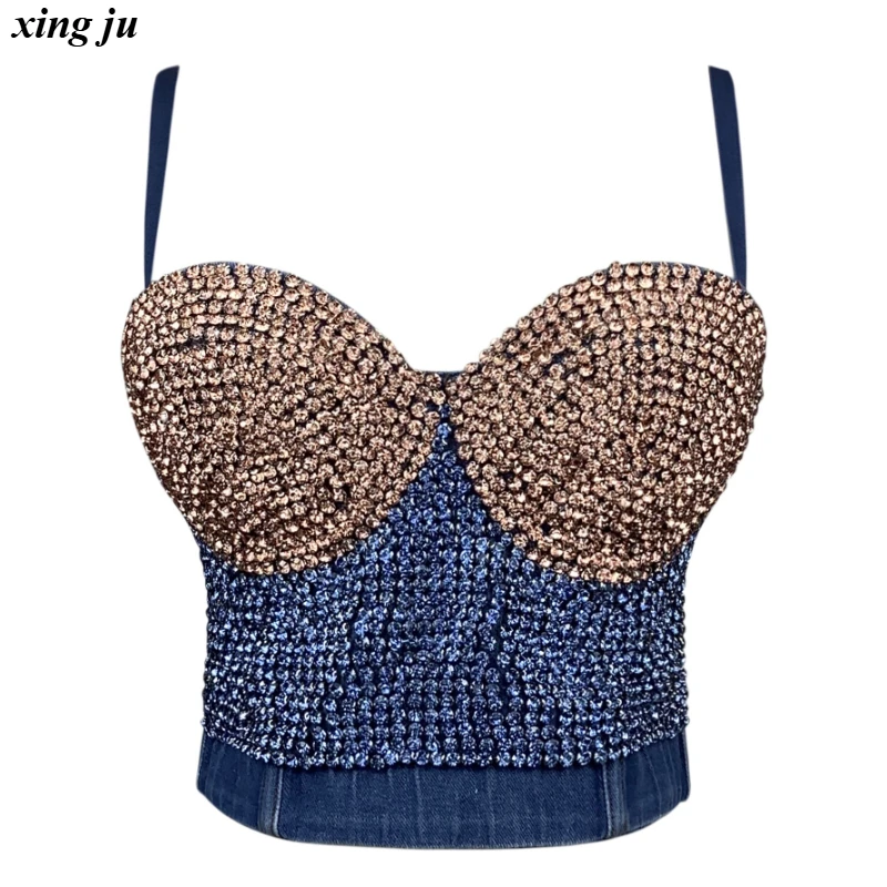 

Xing Ju Nightclub Girls Rhinestone Blue Denim Vest Women Stage Costume High Street Fishbone Tight Tops Singer Performance Wear