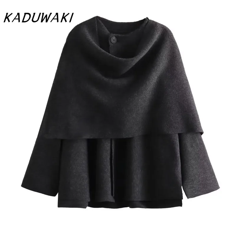 KADUWAKI Retro Round Neck Long Sleeve Solid Coats Fashion Single-breasted Loose Knit Blends with Asymmetric Scarf Пальто Женское