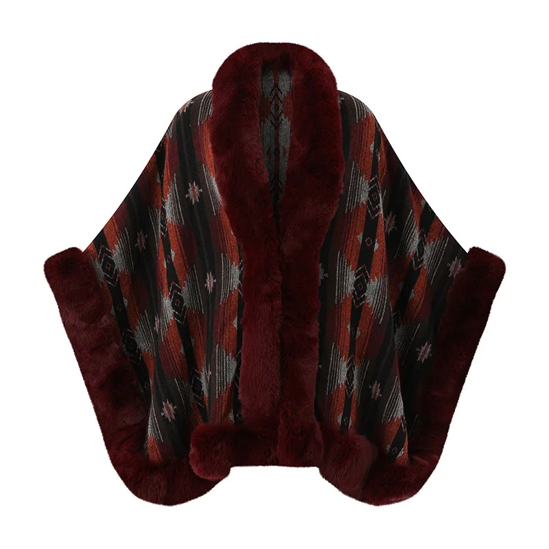 Faux Rabbit Fur Collar Knit Shawl Women Plus Size Loose Split Cape Poncho Warm Outerwear for Fall Winter Daily Wear