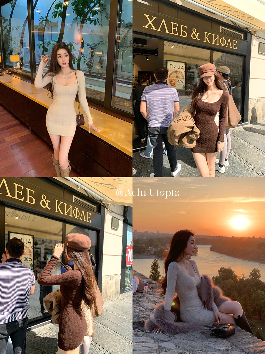 Robe en laine Achi à col carré blanc tricoté pour femme, style rétro, coupe ajustée, manches longues, jupe torsadée à la hanche, élégante et simple