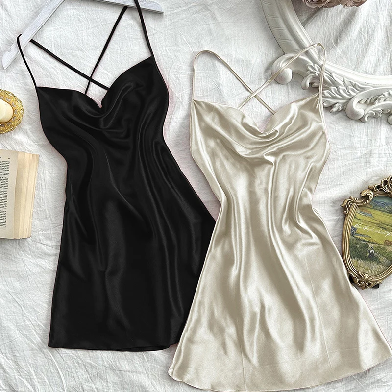 1Pc Summer Solid Color Halter Nightdress Pile Pile Collar Sexy Pajamas Home Dress In The Women's Halter Dress