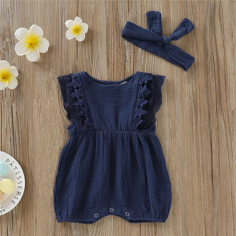 Newborn Baby Girl Solid Round Neck Lace Bodysuit and Headband Suitable for Cute Baby Girls Aged 0-18 Months Summer Bodysuit