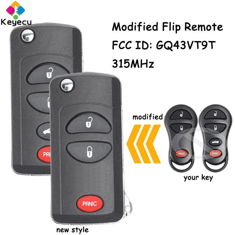 KEYECU Modified Flip Remote Key Car Key With 3 4 Buttons 315MHz for Dodge RAM Intrepid 1999 2000 2001 2002 Fob FCC ID: GQ43VT9T