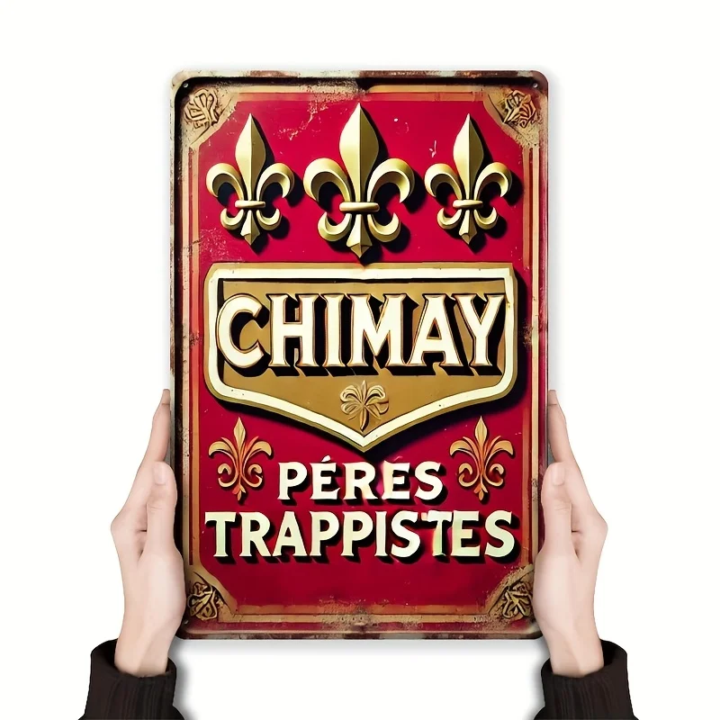 Chimay Vintage Metal Wall Art Sign -  Retro Tin Decor with Golden Fleur-de-Lis & Red Accents, Durable Iron Material, Easy to H