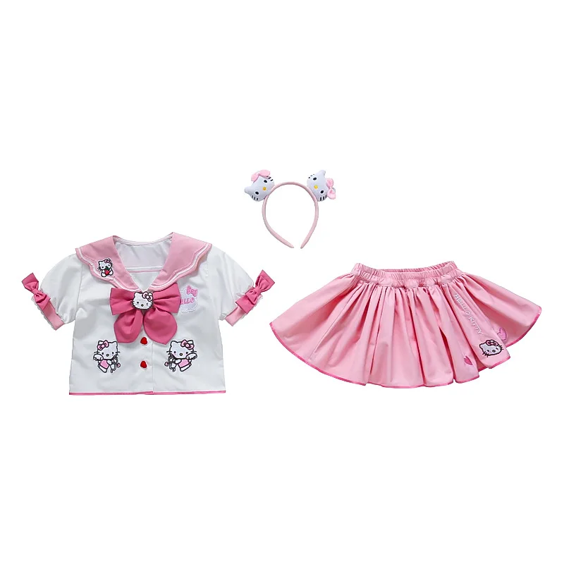 Kawaii Hello Kittys Girls Jk Skirt Suit Summer Kids Preppy Short Sleeve Pleated Skirt Two Piece Set Fashion Princess Style Skirt