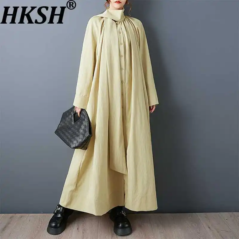 

HKSH весенне-осенний новый женский длинный плащ с шарфом и воротником, однобортный плиссированный однотонный пиджак большого размера, HK13775