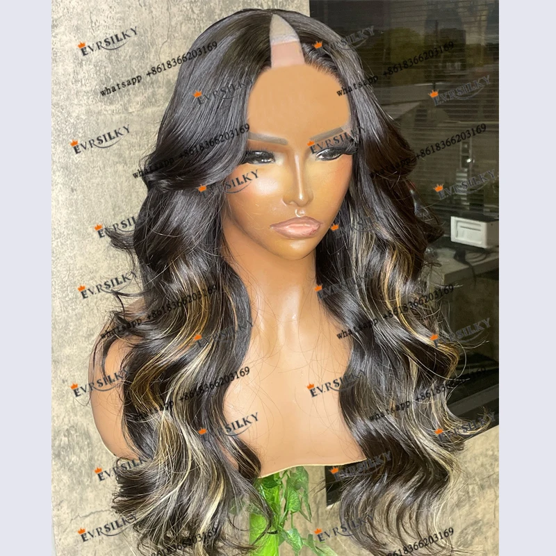 Long Highlight Dirty Brown Human Hair Opening V Part Full Machine Made Wigs for Black Women Ash Brown Adjustable V Part Wigs