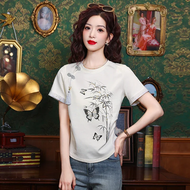 

Vintage Chinese style short Sleeve embroidery T-shirts for ladies Trendy women Tees 2024 Spring Summer Casual Tops