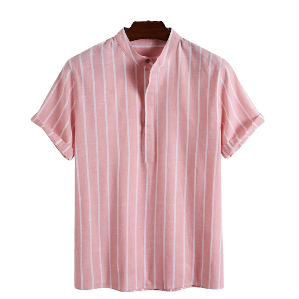 Summer Spring 2023 Men Casual Striped Blouse Shirts Male Turn Down Collar Short Sleeve Button Loose Sand Beach Tops M-3XL