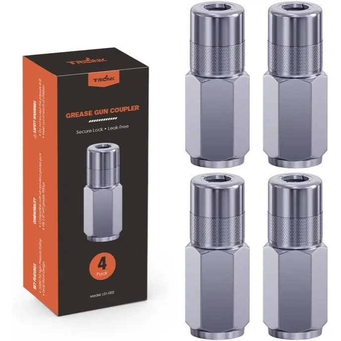

Grease Gun Coupler 4-Pack, 1/8" NPT Standard Tips, 4-Jaw Secure Locking Fittings, Durable Nozzle for Most Guns & Zerk Fittings