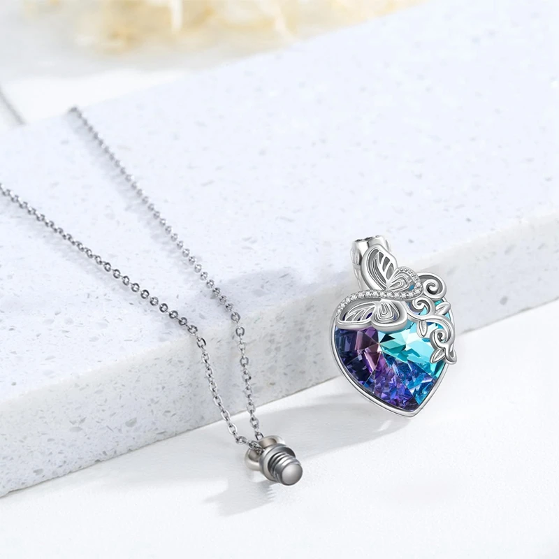 Butterfly Urn Ashes Pendant Necklace With Crystal Birthday Christmas Mothers Day Jewelry Gifts For The Love Pet Women Girls Mom