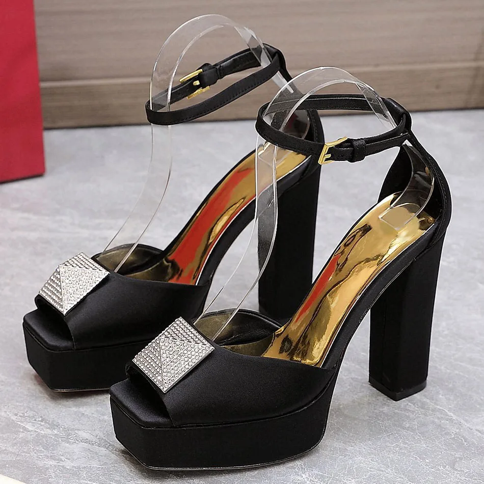 Deep Purple Satin Crystal Rivet Open Chunky Sandals Platform Women Bright Yellow Square Toe Heels Shiny Metal Buckle Red Shoes