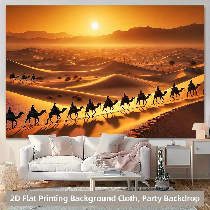 2D Flat Backdrop Featuring a Beautiful Sunset Scene with a Desert Caravan, Made Of. This Versatile Wa