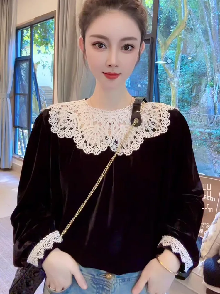 엘레 레이스 패치워크 벨벳 여성용 패션 블라 슬리밍 탑 럭셔리 슬레 롱 슬루 루즈핏 소녀 의류