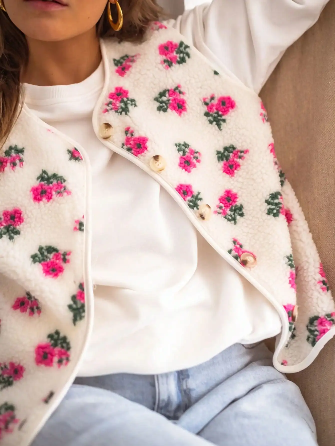 

Women's Floral Print Sherpa Fleece Button-Up Vest Jacket for Casual Wear