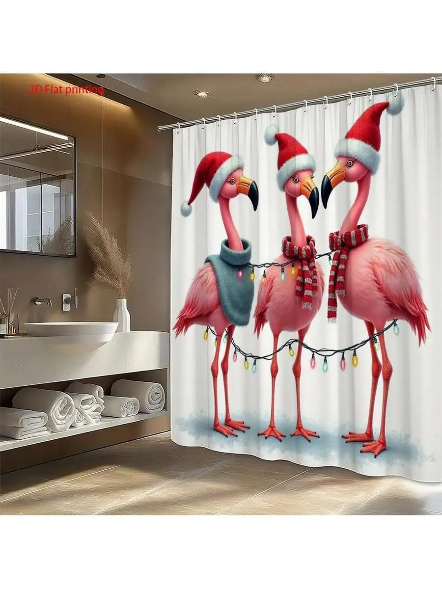 1 cortina de baño con diseño de flamencos y ganchos, flamencos rosas con gorros de Papá Noel y bufandas con luces de cadena, tela de poliéster
