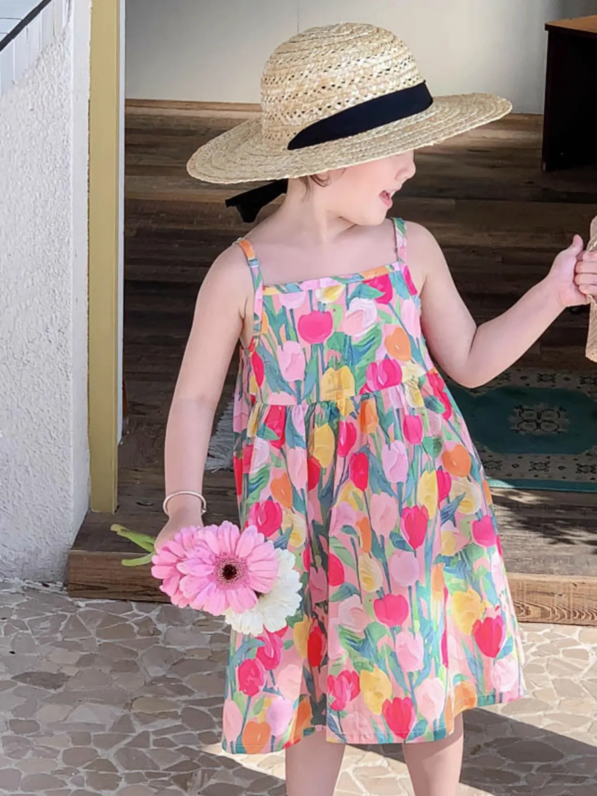 n Beach Dr للفتيات الصيف الكورية Sle حزام سترة Dr عطلة ارتداء الأزهار طباعة قطعتين مجموعة للأطفال