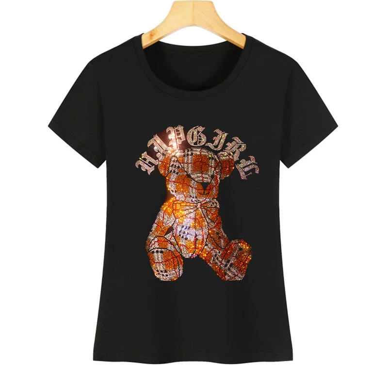 Women's Rhinestone Short-Sleeved Casual T-shirt, Super Pretty Bear, Butterfly Drill, Hot Sale, High Quality, Shiny Hot, Summer