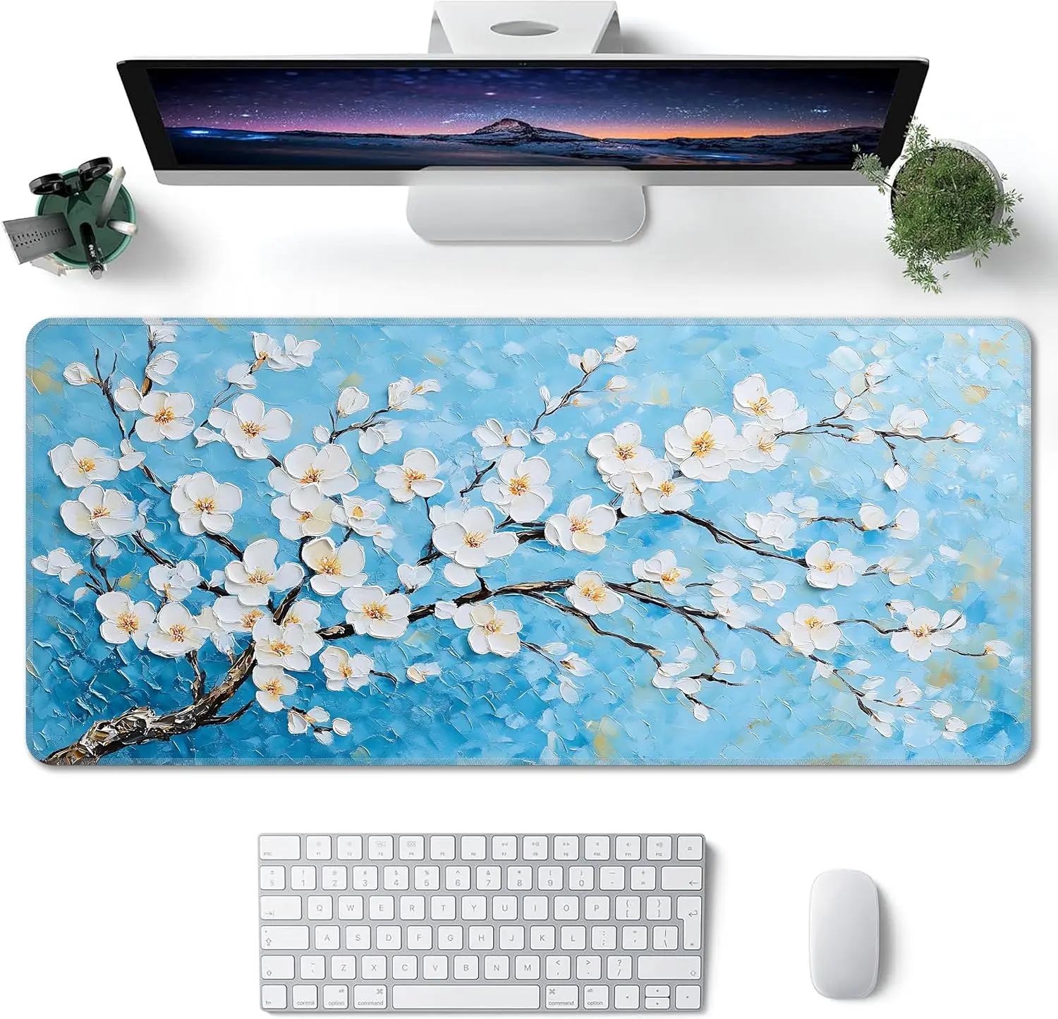 Impasto White Almond Flower Gaming Mouse Pad, Vintage Oil Painting Floral Branch Art, Stitched Non‑Slip Desk Mat for PC Keyboard