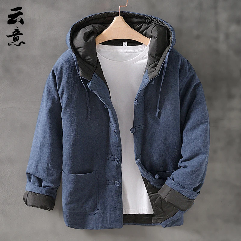 

Men's Thiened Winter Cotton Jaet with Hood Retro Flax Loose plus Size Chinese Sle Coat Button Closure Busin Gentlema...