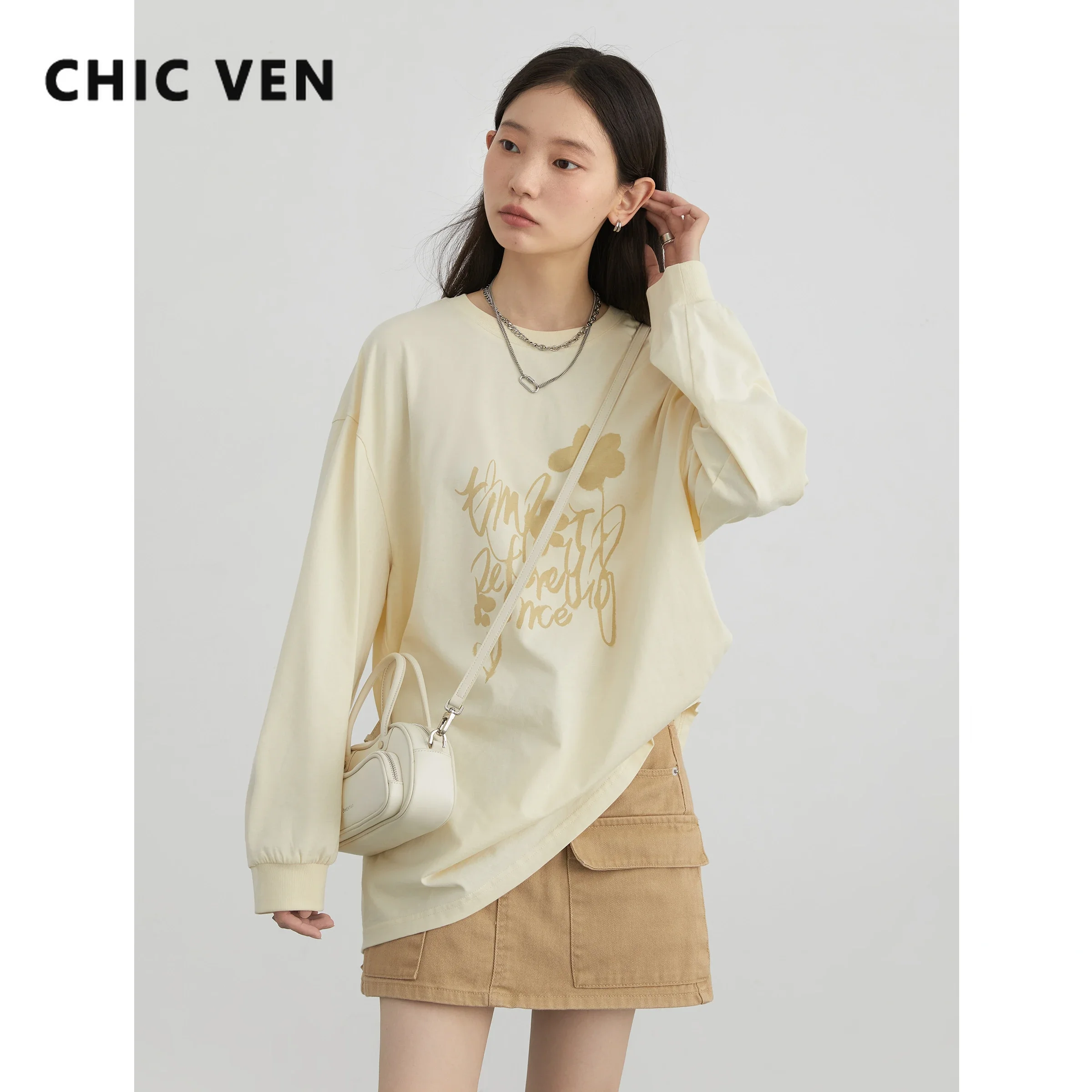 CHIC VEN Women\'s T-Shirts New Casual Loose Round Neck Letter Printed Long Sleeved Female Tees Cotton Girl Top Spring Autumn 2024