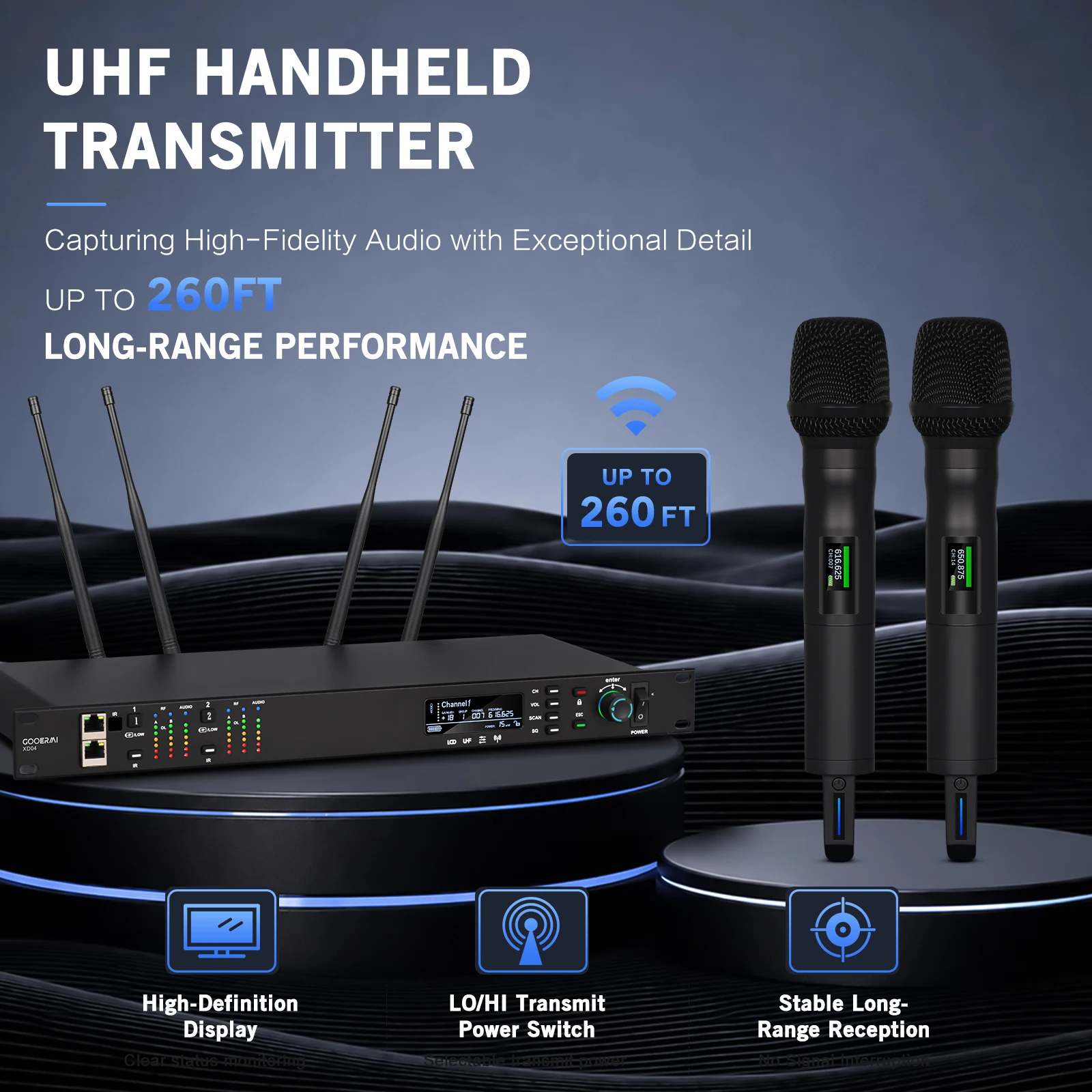 

Gooermi XD02 UHF Wireless Microphone System 260FT Range Handheld Lavalier Mic for Karaoke Church Wedding Speech Stage