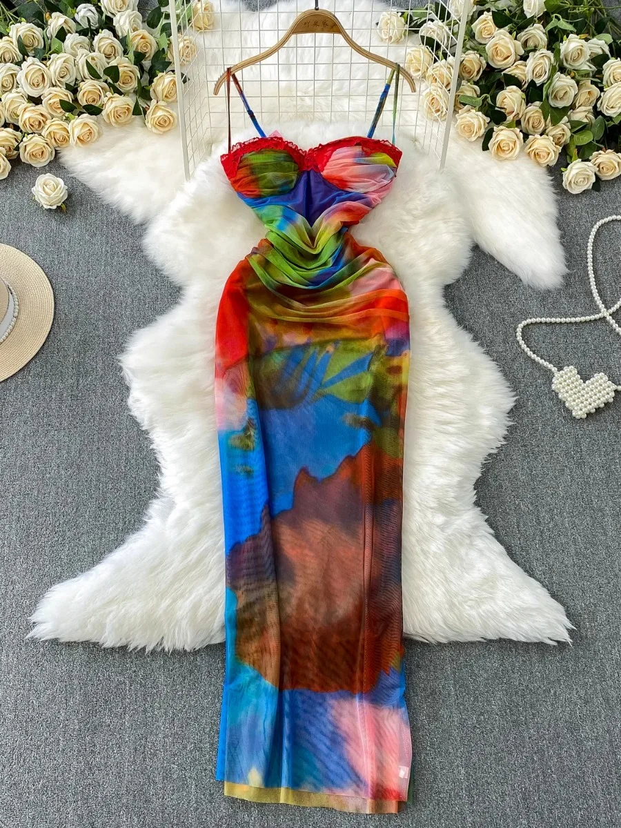 Foamlina Nique Chic Elegantes, verschmiertes Mesh-Slip-Kleid für Damen, Sommer, ärmellos, plissierte Taille, schlank, figurbetont, Midi, lange Kleider