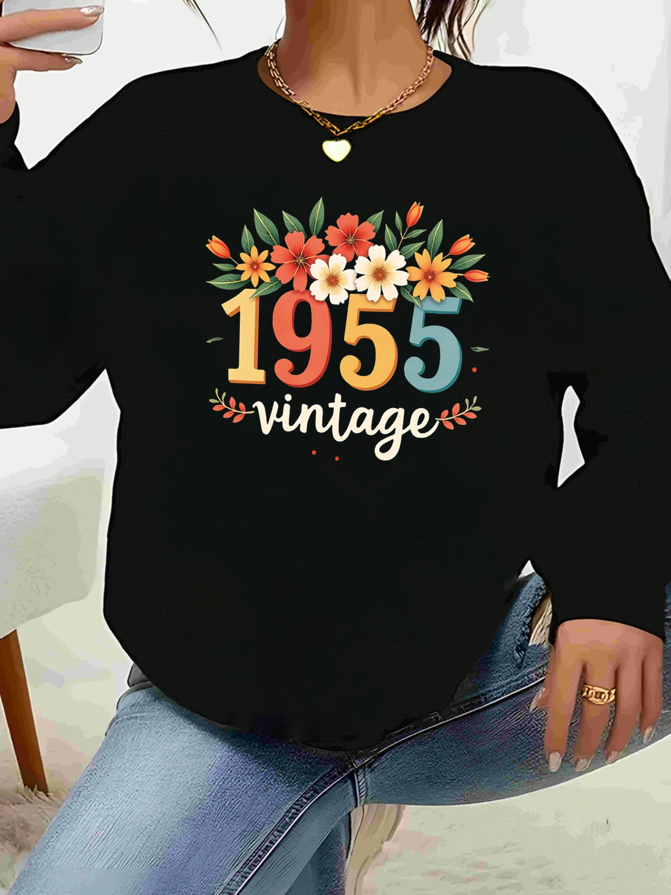 1955 Vintage Floral Print Long Sleeve T-Shirt Birthday Gift Women Casual Wear 70S Style Retro Outfit for Women