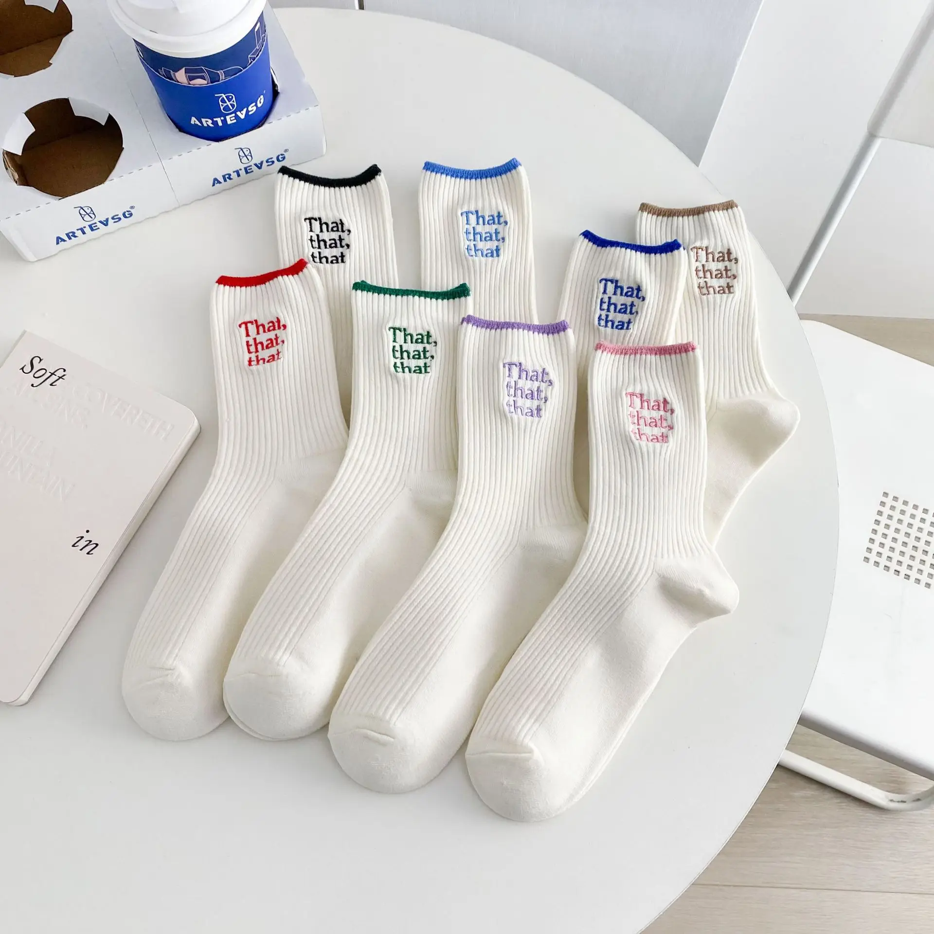 Japanese Ins Korean Version Of The New White Embroidered Mid-tube Socks Klein Blue Ladies Letters Cute Tide