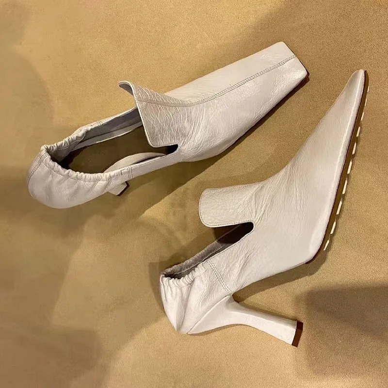 

Square Head High Heel Mule Shoes Women's Spring New Heel Slip-On Retro Witch Shoes Fashionable Flat Heel Pointed Toe