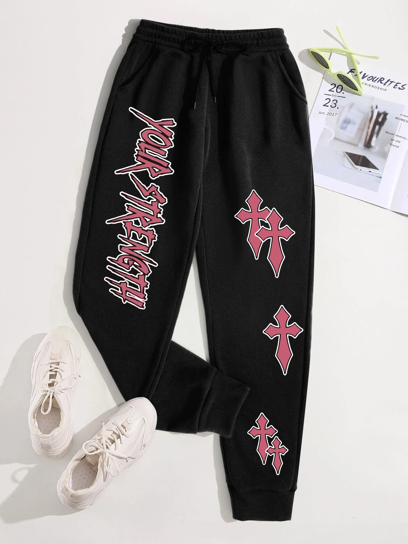 Your Strength Cross Prints Women Sweatpants Casual Sporty Trousers Winter Fleece Elastic Waist Pants Pocket Woman Streetwear